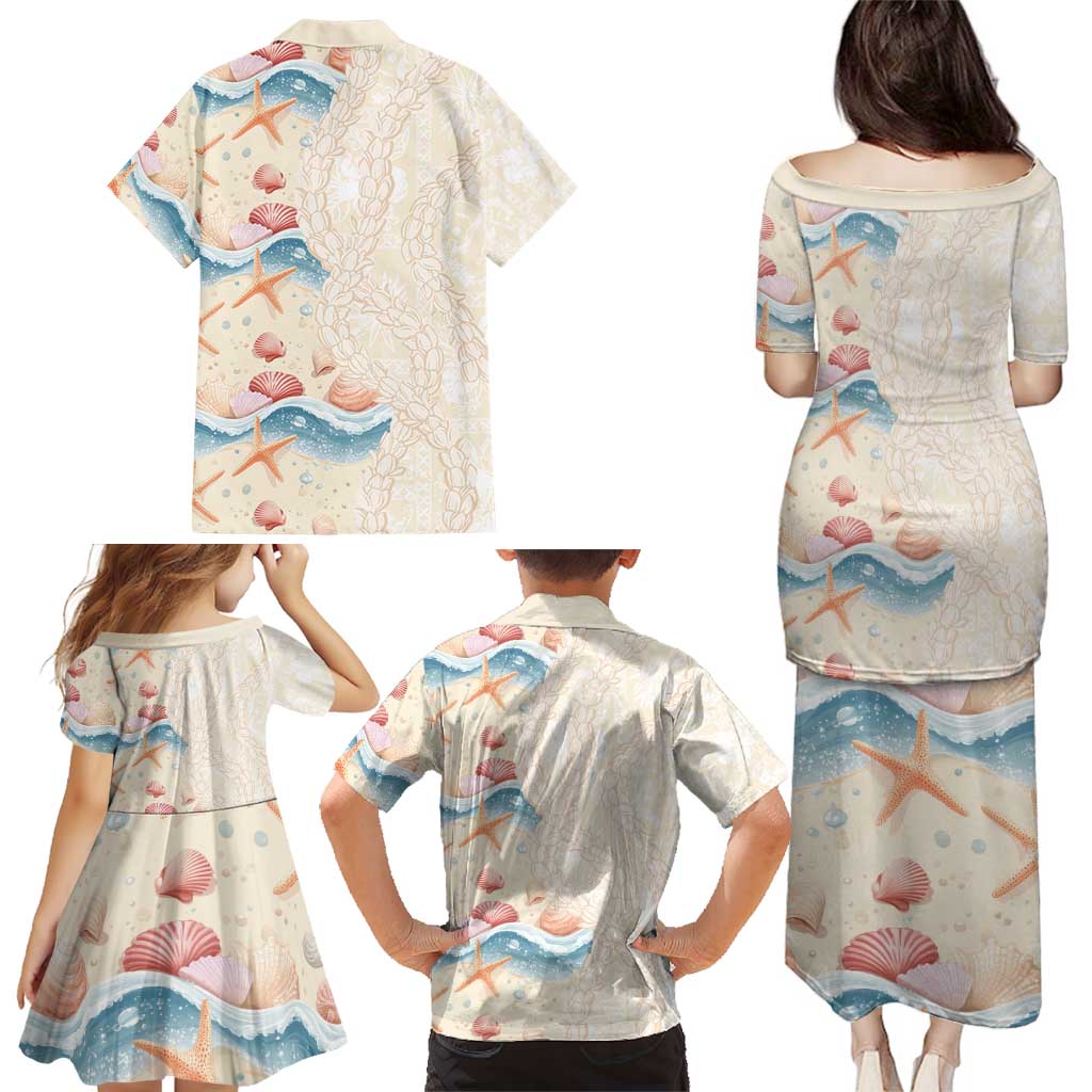 Beige Hawaii Lei Seashells Starfish Family Matching Puletasi and Hawaiian Shirt Sandy Sylized LT01 - Polynesian Pride