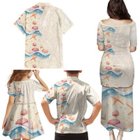 Beige Hawaii Lei Seashells Starfish Family Matching Puletasi and Hawaiian Shirt Sandy Sylized LT01 - Polynesian Pride