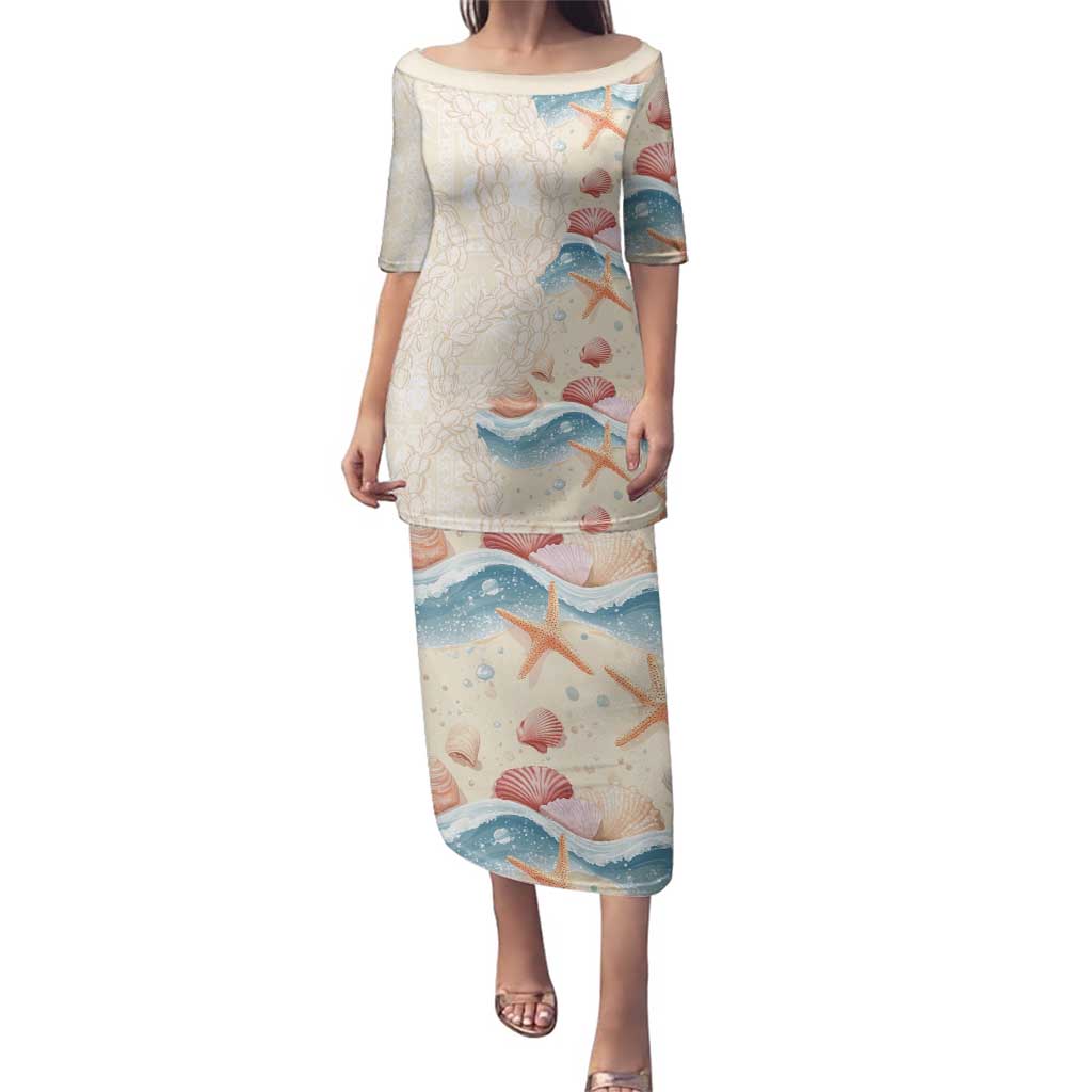 Beige Hawaii Lei Seashells Starfish Family Matching Puletasi and Hawaiian Shirt Sandy Sylized LT01 Mom's Dress Beige - Polynesian Pride