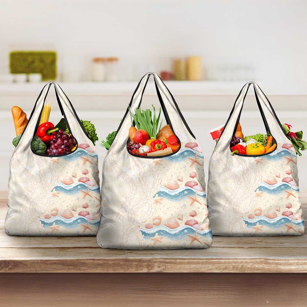 Beige Hawaii Lei Seashells Starfish Grocery Bag Sandy Sylized LT01 3-pack One Size Beige - Polynesian Pride