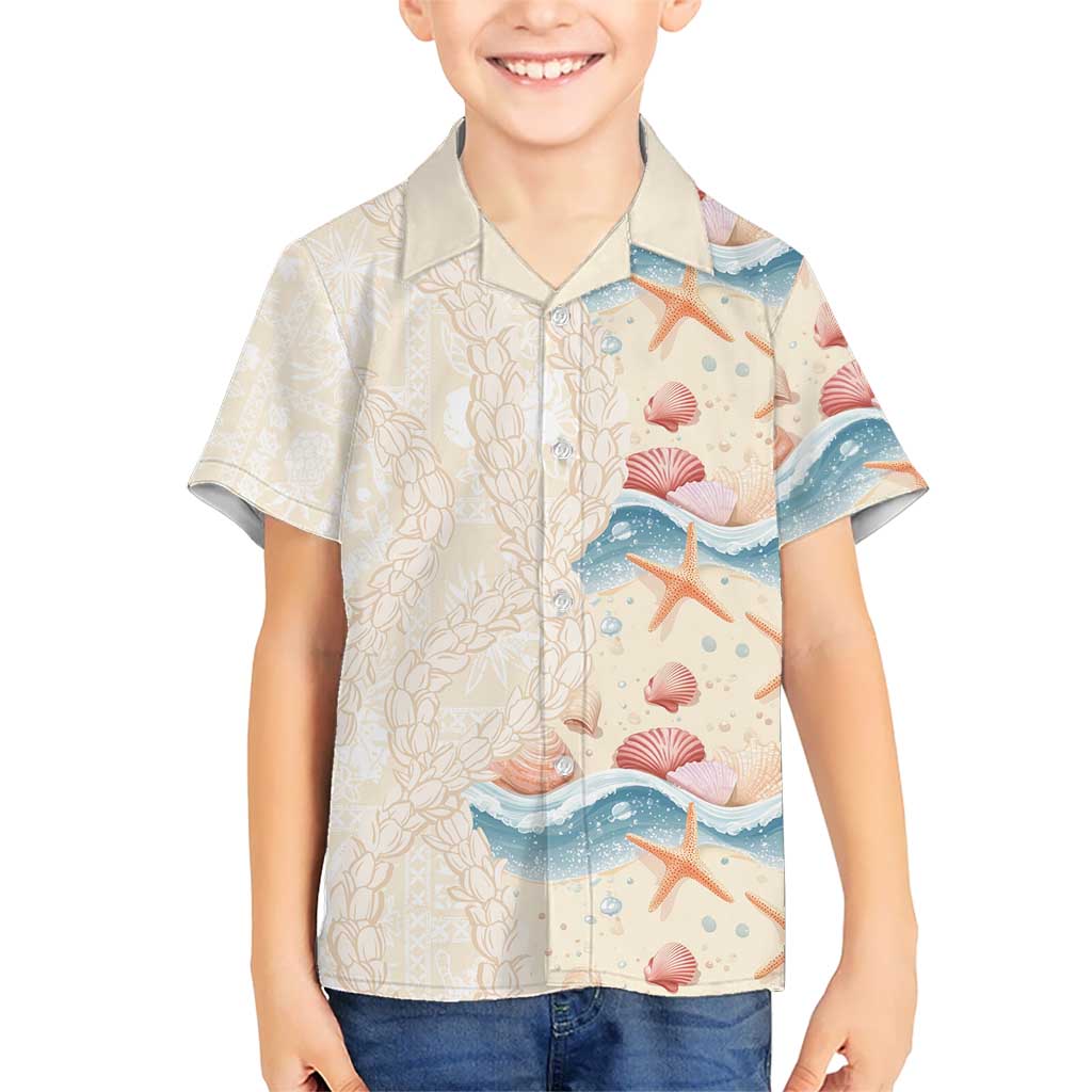 Beige Hawaii Lei Seashells Starfish Hawaiian Shirt Sandy Sylized - Polynesian Pride