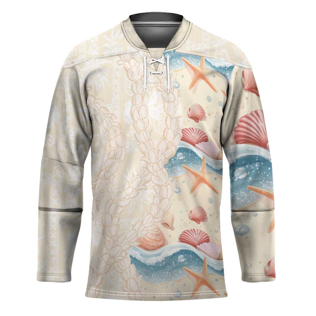 Beige Hawaii Lei Seashells Starfish Hockey Jersey Sandy Sylized LT01 Unisex Beige - Polynesian Pride