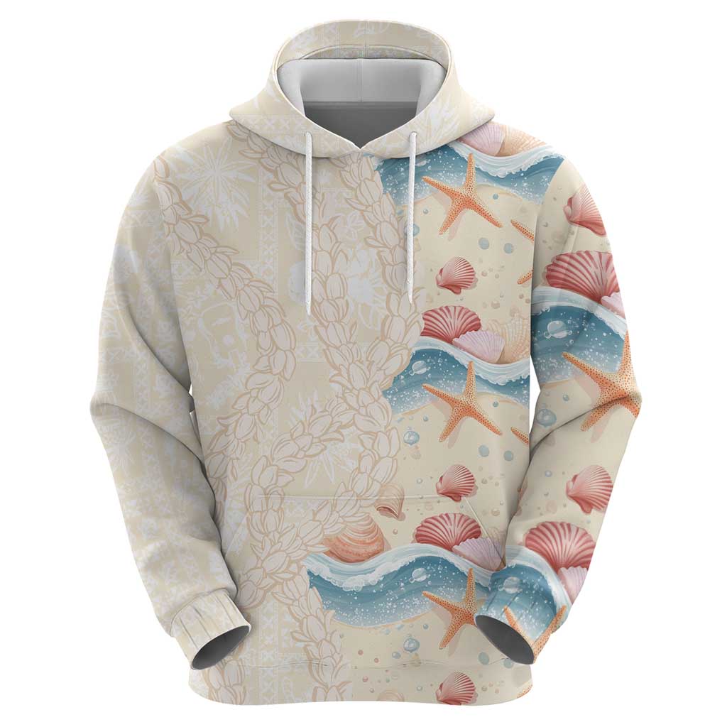 Beige Hawaii Lei Seashells Starfish Hoodie Sandy Sylized - Polynesian Pride