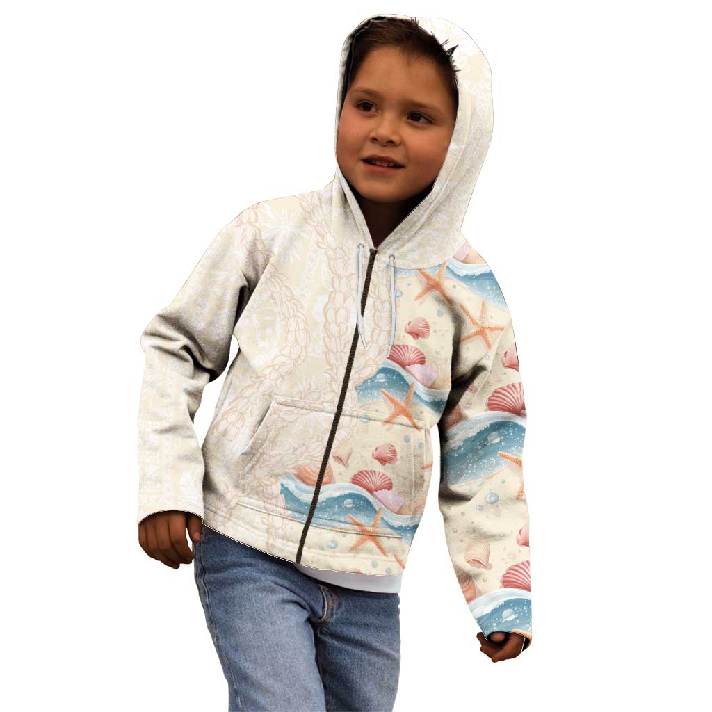 Beige Hawaii Lei Seashells Starfish Kid Hoodie Sandy Sylized - Polynesian Pride