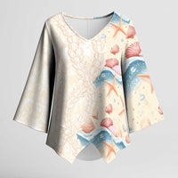 Beige Hawaii Lei Seashells Starfish Kimono Sleeve Blouse Sandy Sylized LT01 Female Beige - Polynesian Pride