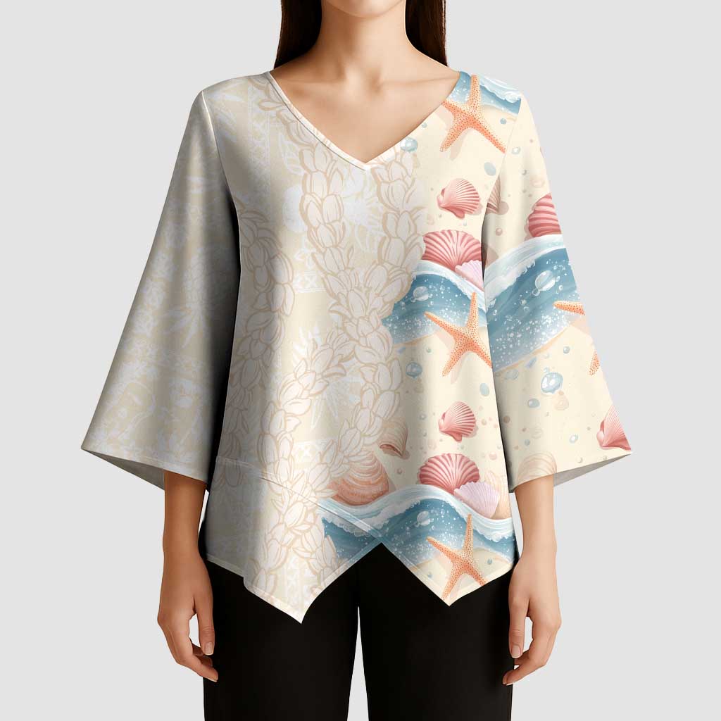 Beige Hawaii Lei Seashells Starfish Kimono Sleeve Blouse Sandy Sylized LT01 - Polynesian Pride