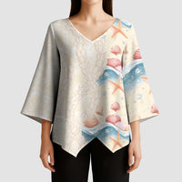 Beige Hawaii Lei Seashells Starfish Kimono Sleeve Blouse Sandy Sylized LT01 - Polynesian Pride