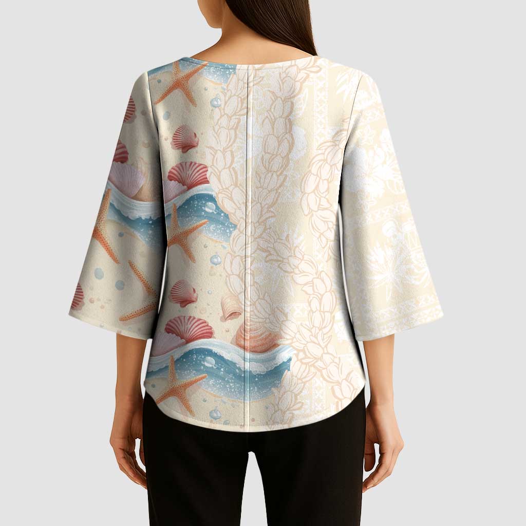 Beige Hawaii Lei Seashells Starfish Kimono Sleeve Blouse Sandy Sylized LT01 - Polynesian Pride