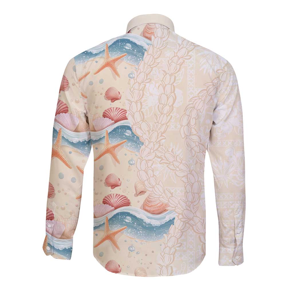 Beige Hawaii Lei Seashells Starfish Long Sleeve Button Shirt Sandy Sylized LT01 - Polynesian Pride