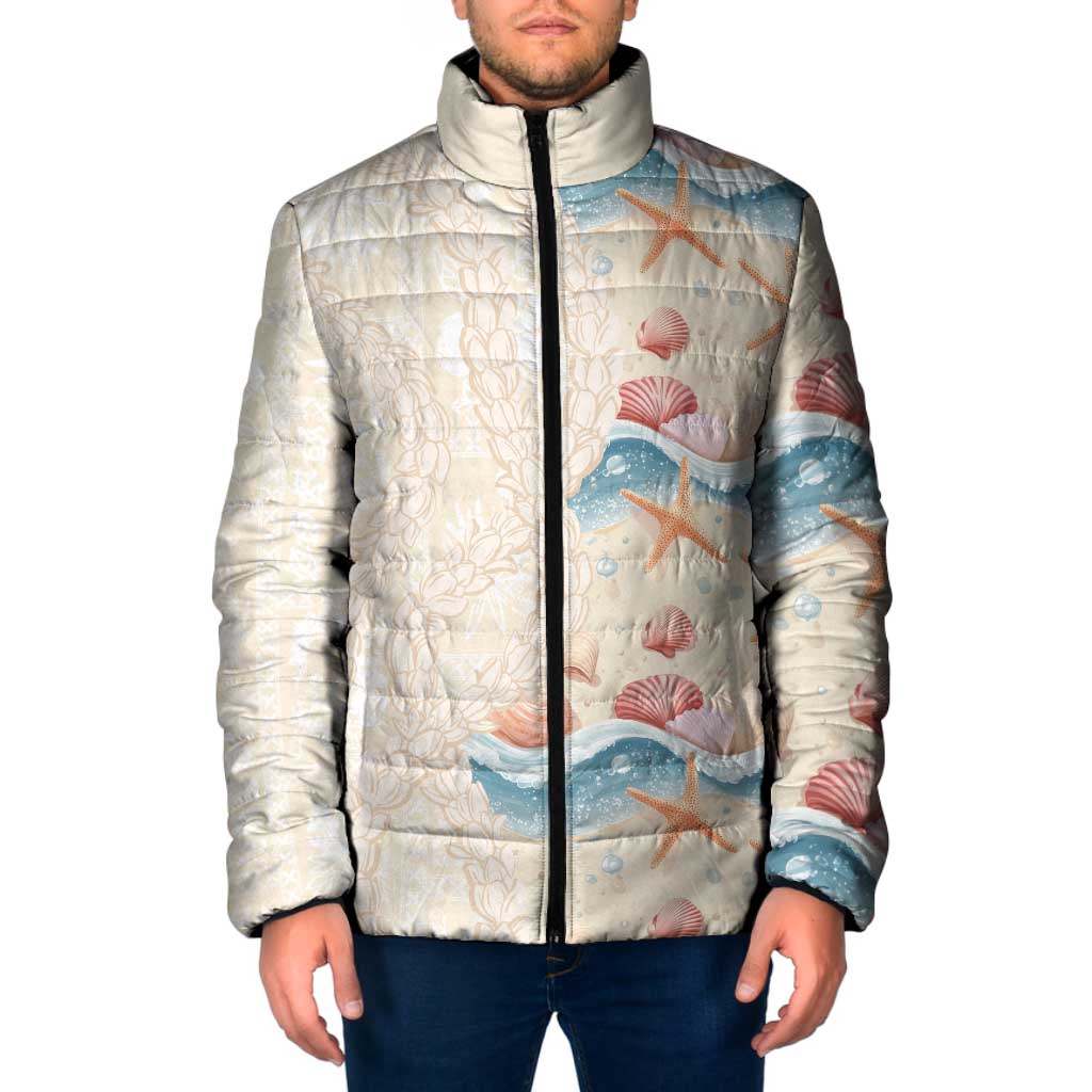 Beige Hawaii Lei Seashells Starfish Padded Jacket Sandy Sylized LT01 Men Beige - Polynesian Pride