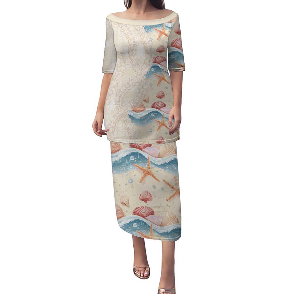 Beige Hawaii Lei Seashells Starfish Puletasi Sandy Sylized LT01 Long Dress Beige - Polynesian Pride