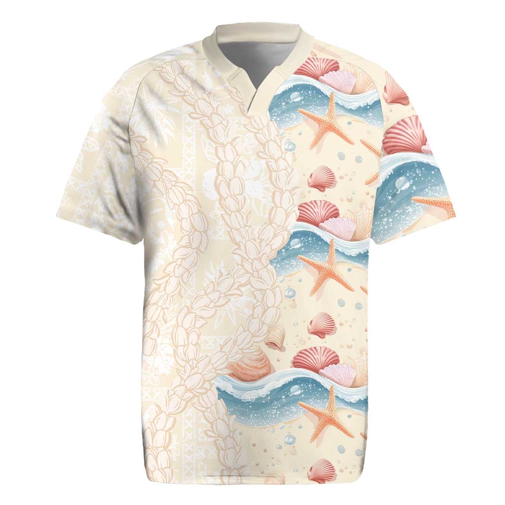 Beige Hawaii Lei Seashells Starfish Rugby Jersey Sandy Sylized LT01 Beige - Polynesian Pride