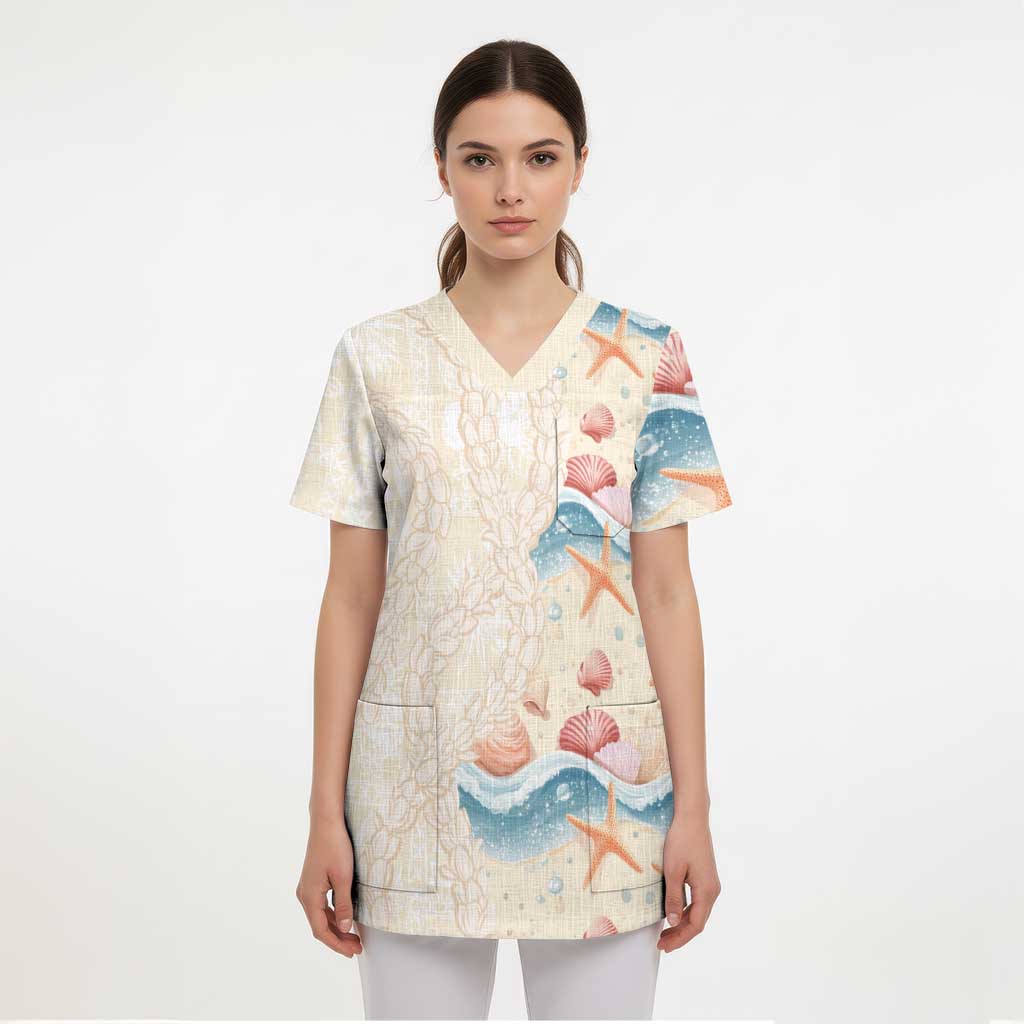 Beige Hawaii Lei Seashells Starfish Scrub Top Sandy Sylized - Polynesian Pride