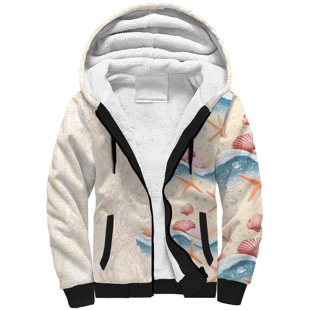 Beige Hawaii Lei Seashells Starfish Sherpa Hoodie Sandy Sylized LT01 Unisex Beige - Polynesian Pride