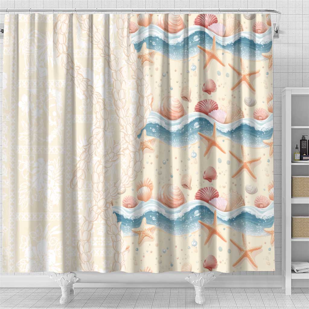 Beige Hawaii Lei Seashells Starfish Shower Curtain Sandy Sylized - Polynesian Pride