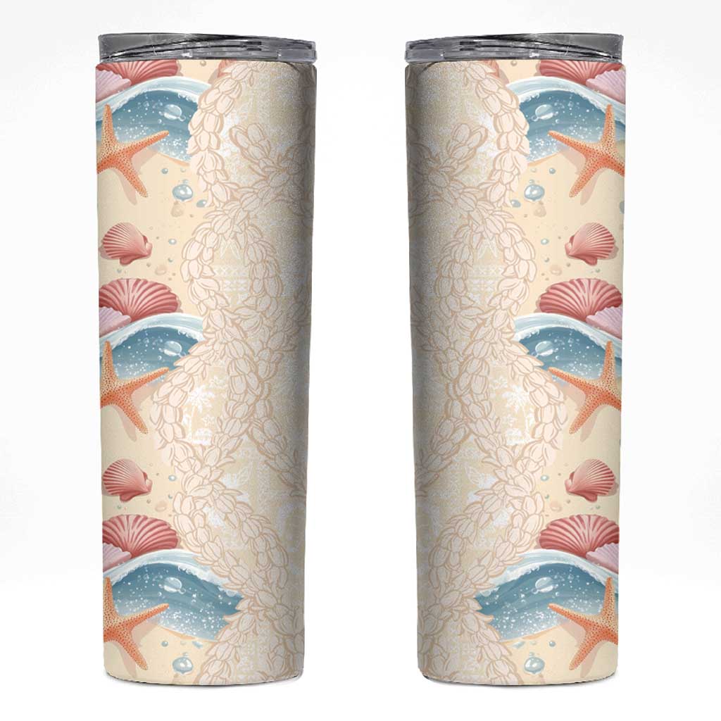 Beige Hawaii Lei Seashells Starfish Skinny Tumbler Sandy Sylized - Polynesian Pride