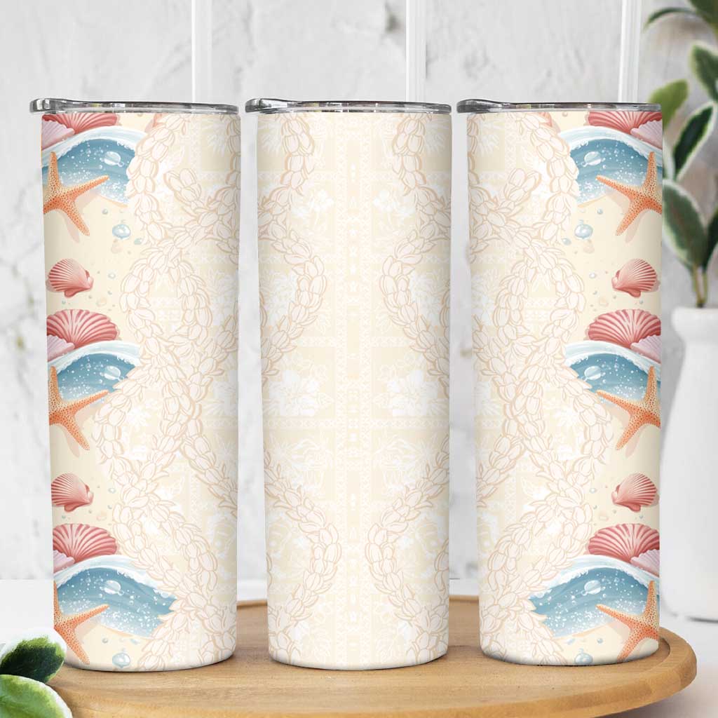 Beige Hawaii Lei Seashells Starfish Skinny Tumbler Sandy Sylized - Polynesian Pride