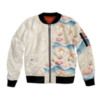 Beige Hawaii Lei Seashells Starfish Sleeve Zip Bomber Jacket Sandy Sylized - Polynesian Pride