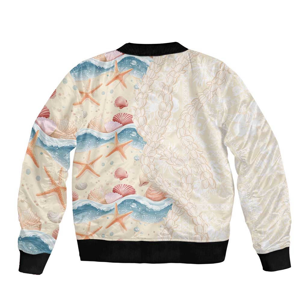 Beige Hawaii Lei Seashells Starfish Sleeve Zip Bomber Jacket Sandy Sylized - Polynesian Pride