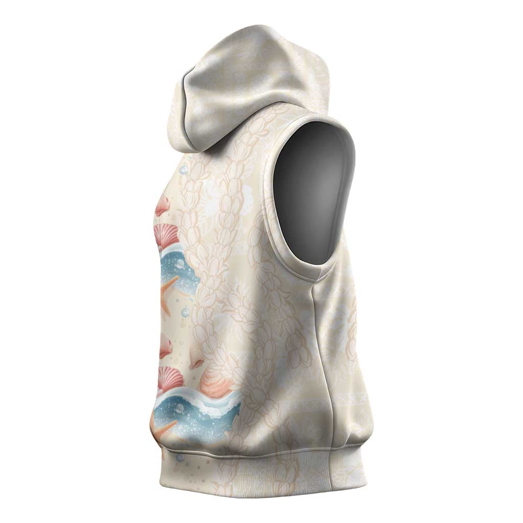 Beige Hawaii Lei Seashells Starfish Sleeveless Hoodie Sandy Sylized LT01 - Polynesian Pride