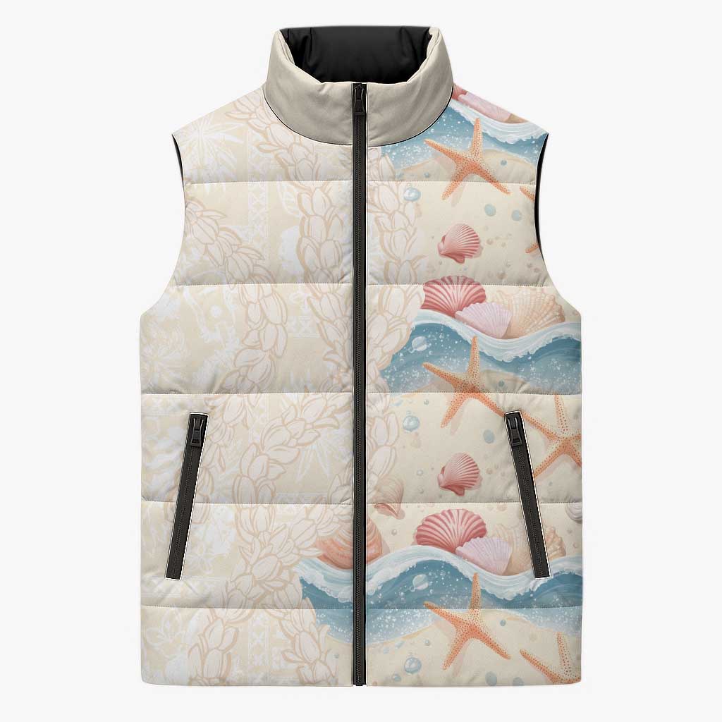 Beige Hawaii Lei Seashells Starfish Sleeveless Puffer Jacket Sandy Sylized LT01 Unisex Beige - Polynesian Pride