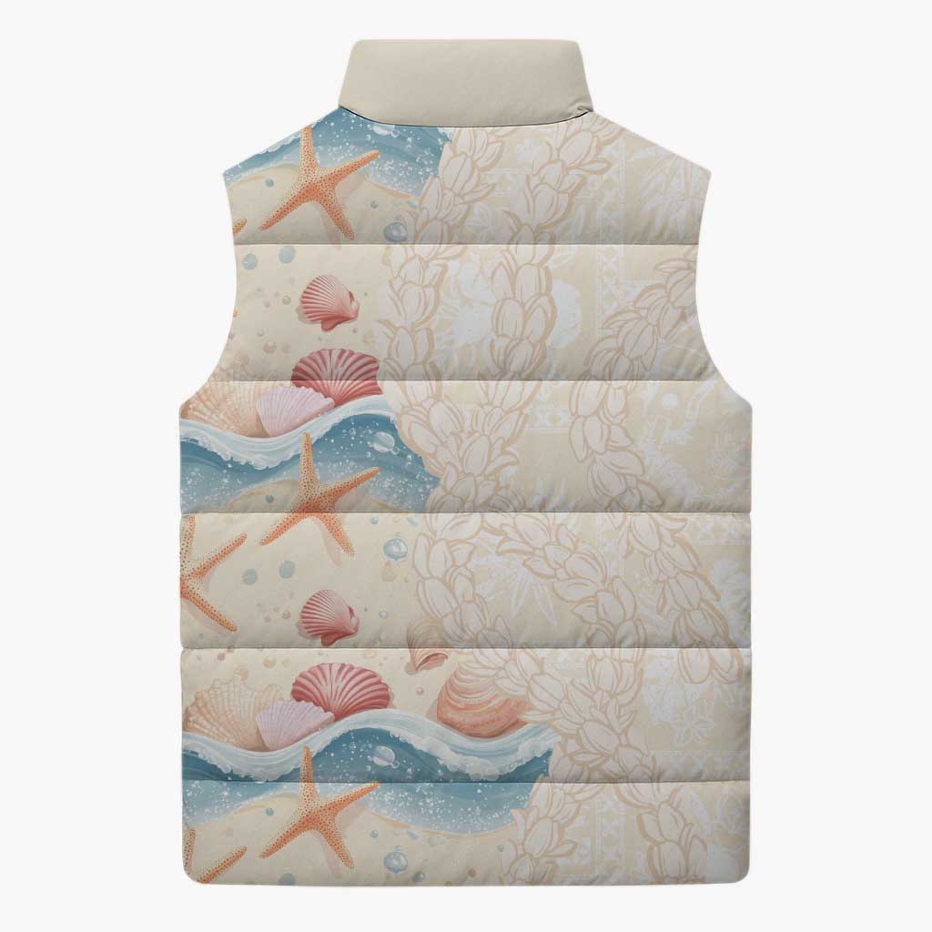 Beige Hawaii Lei Seashells Starfish Sleeveless Puffer Jacket Sandy Sylized LT01 - Polynesian Pride