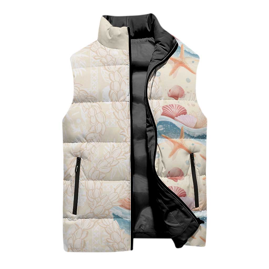 Beige Hawaii Lei Seashells Starfish Sleeveless Puffer Jacket Sandy Sylized LT01 - Polynesian Pride
