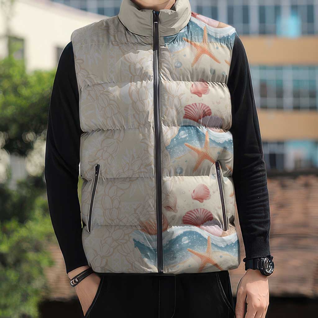 Beige Hawaii Lei Seashells Starfish Sleeveless Puffer Jacket Sandy Sylized LT01 - Polynesian Pride