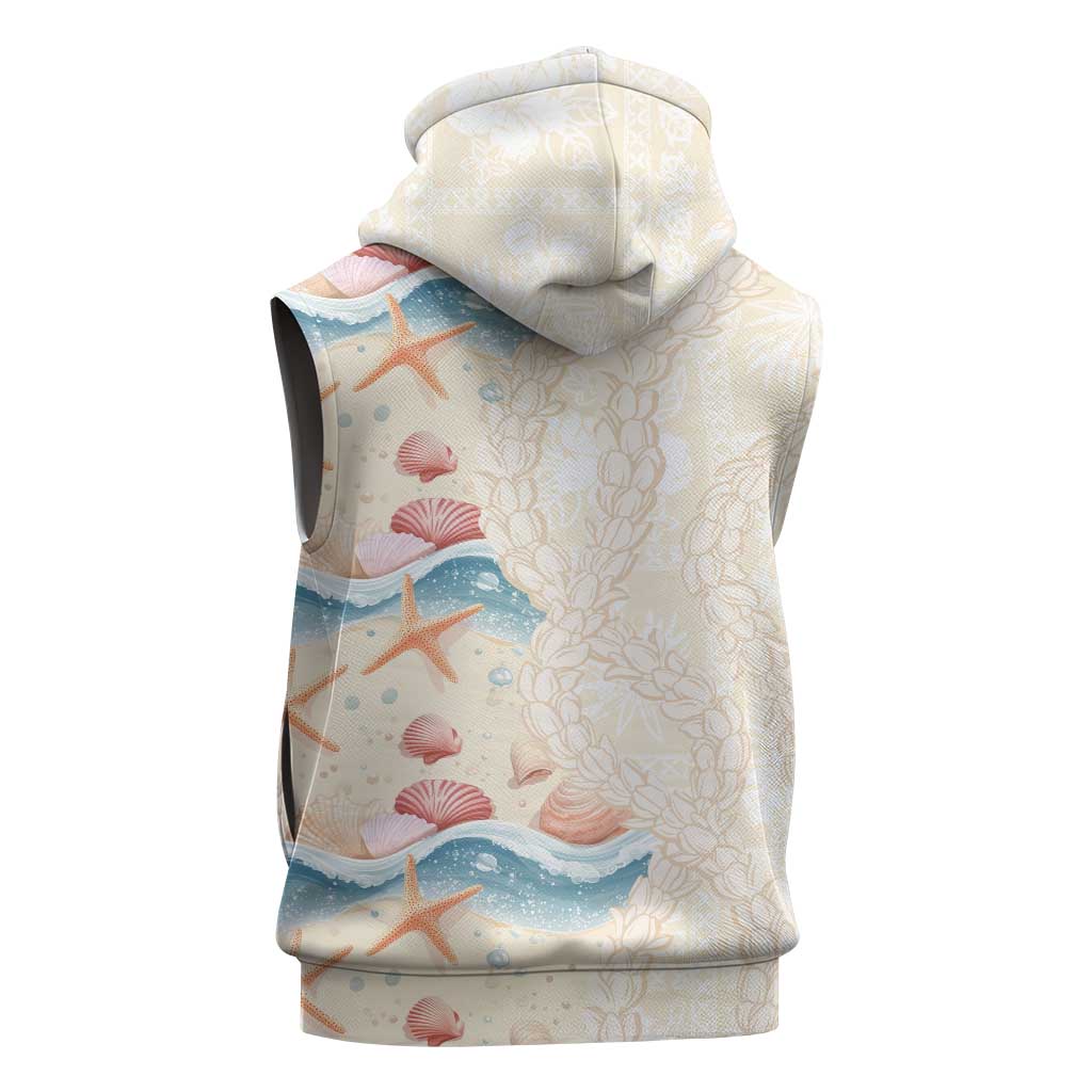 Beige Hawaii Lei Seashells Starfish Sleeveless Zip Hoodie Sandy Sylized LT01 - Polynesian Pride