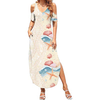 Beige Hawaii Lei Seashells Starfish Summer Maxi Dress Sandy Sylized LT01 Women Beige - Polynesian Pride