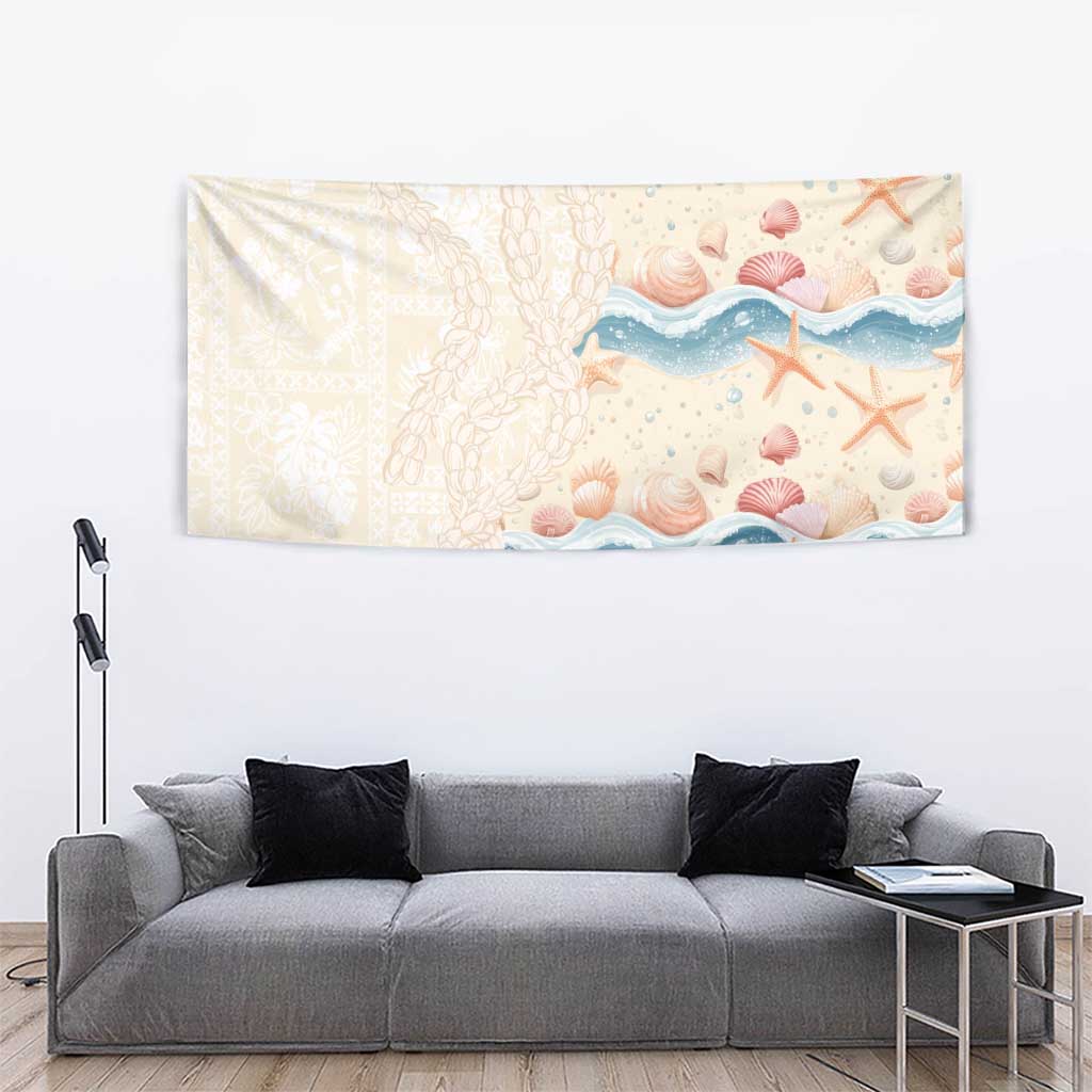 Beige Hawaii Lei Seashells Starfish Tapestry Sandy Sylized - Polynesian Pride