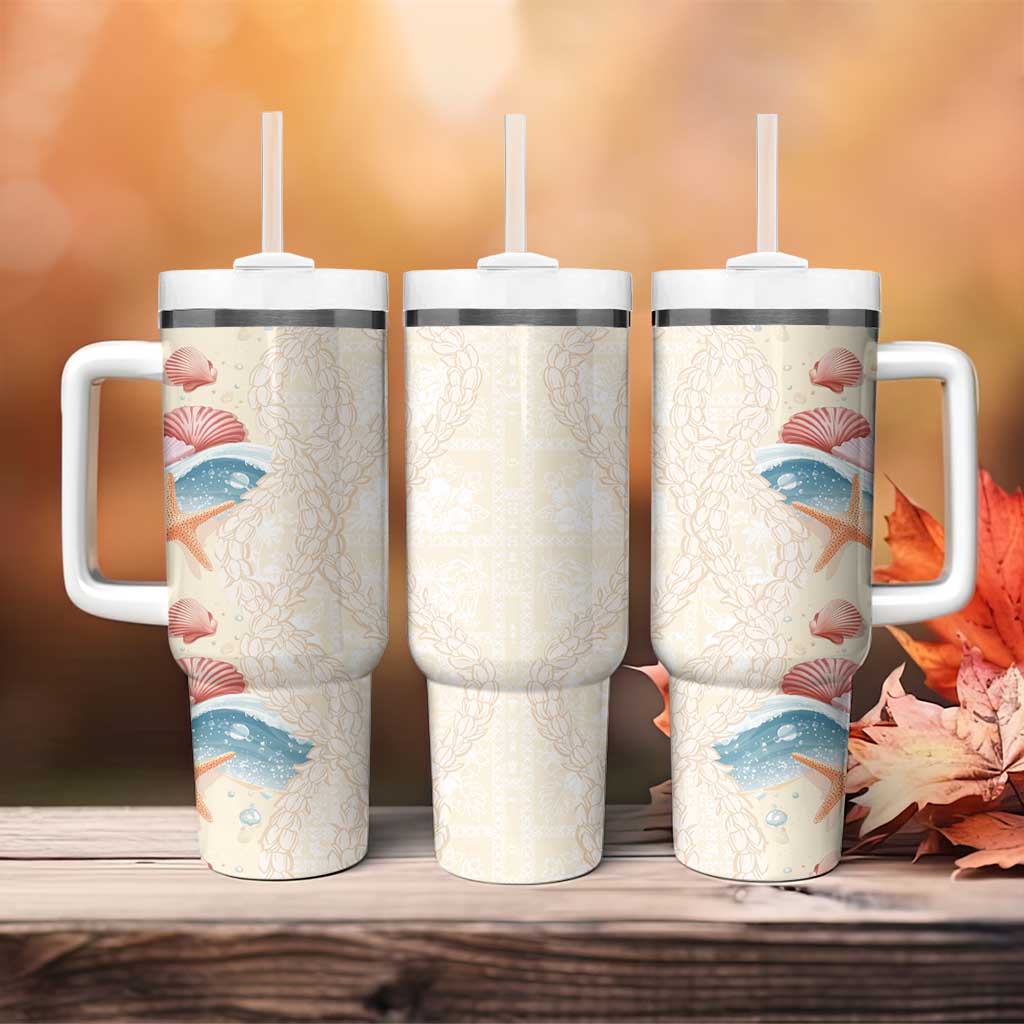 Beige Hawaii Lei Seashells Starfish Tumbler With Handle Sandy Sylized - Polynesian Pride