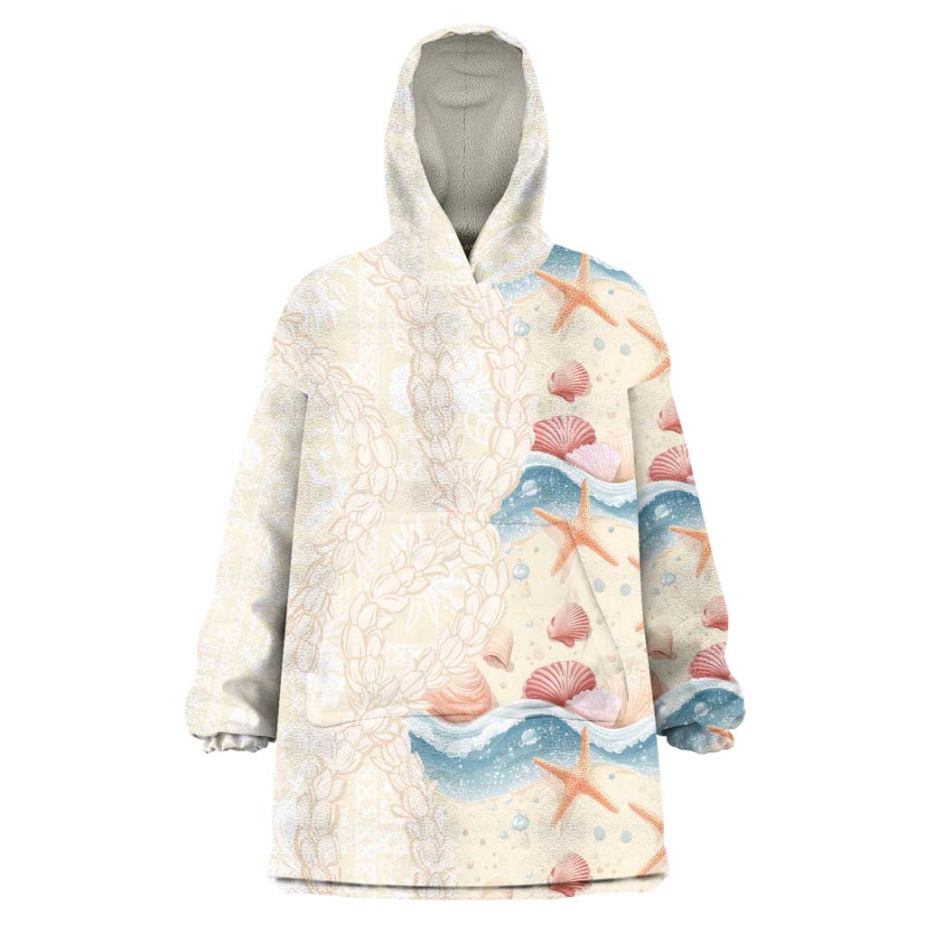 Beige Hawaii Lei Seashells Starfish Wearable Blanket Hoodie Sandy Sylized LT01 One Size Beige - Polynesian Pride
