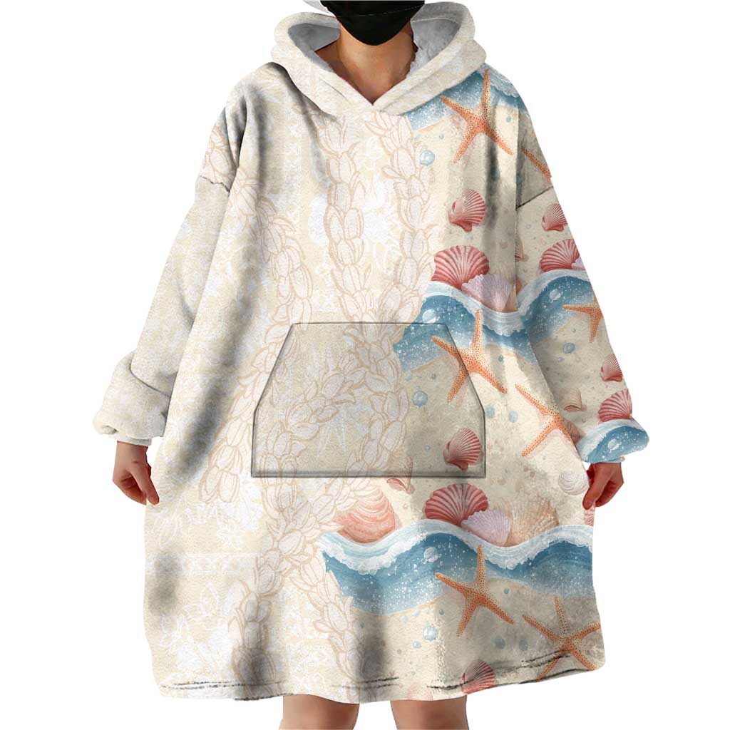 Beige Hawaii Lei Seashells Starfish Wearable Blanket Hoodie Sandy Sylized LT01 - Polynesian Pride