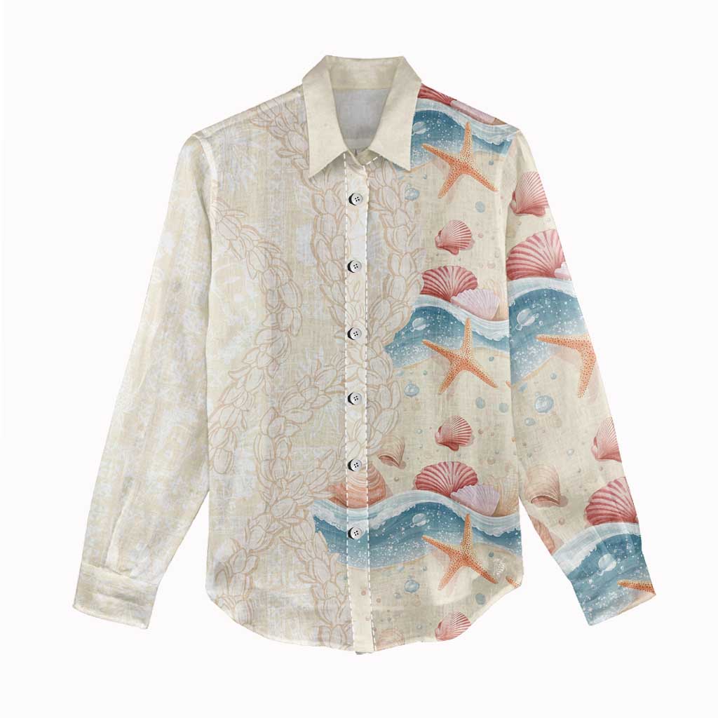 Beige Hawaii Lei Seashells Starfish Women Casual Shirt Sandy Sylized - Polynesian Pride