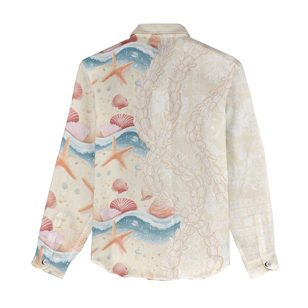Beige Hawaii Lei Seashells Starfish Women Casual Shirt Sandy Sylized - Polynesian Pride
