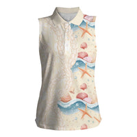Beige Hawaii Lei Seashells Starfish Women Sleeveless Polo Shirt Sandy Sylized LT01 Female Beige - Polynesian Pride