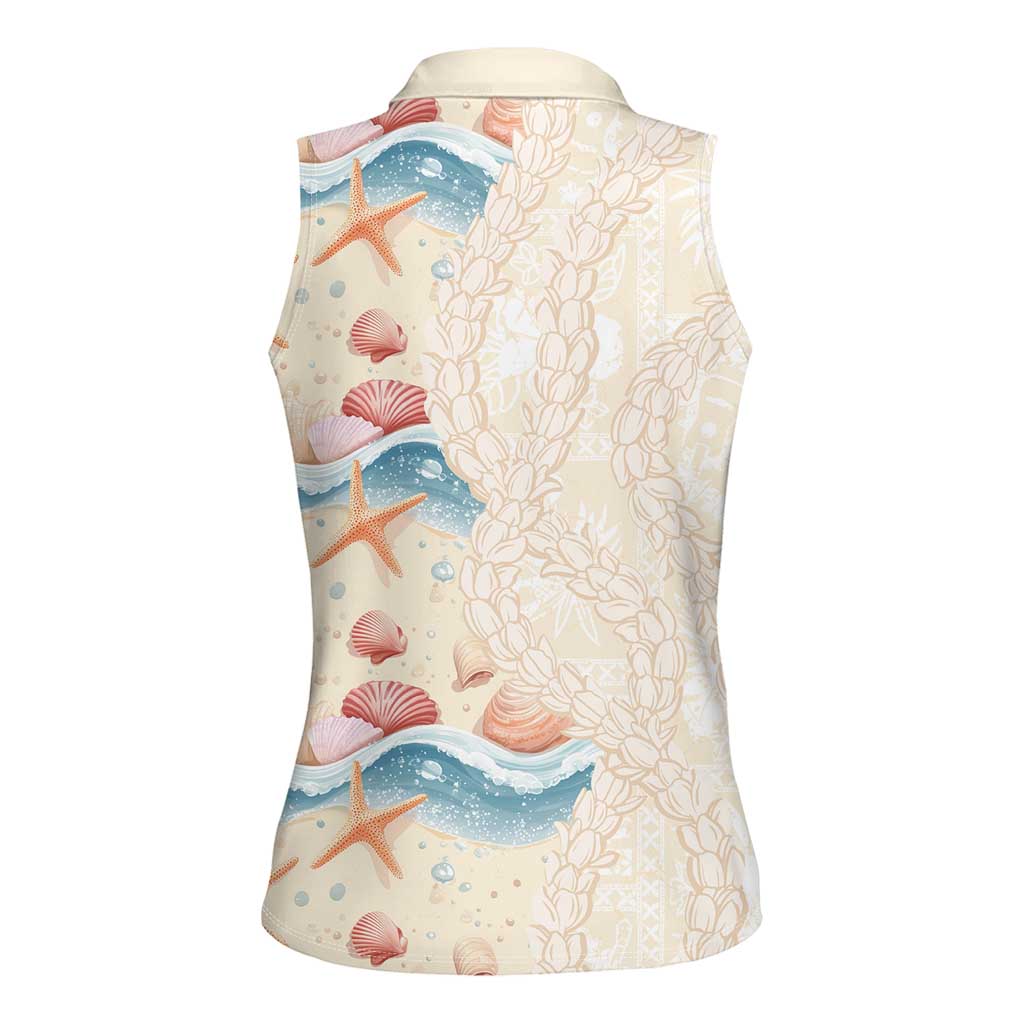 Beige Hawaii Lei Seashells Starfish Women Sleeveless Polo Shirt Sandy Sylized LT01 - Polynesian Pride