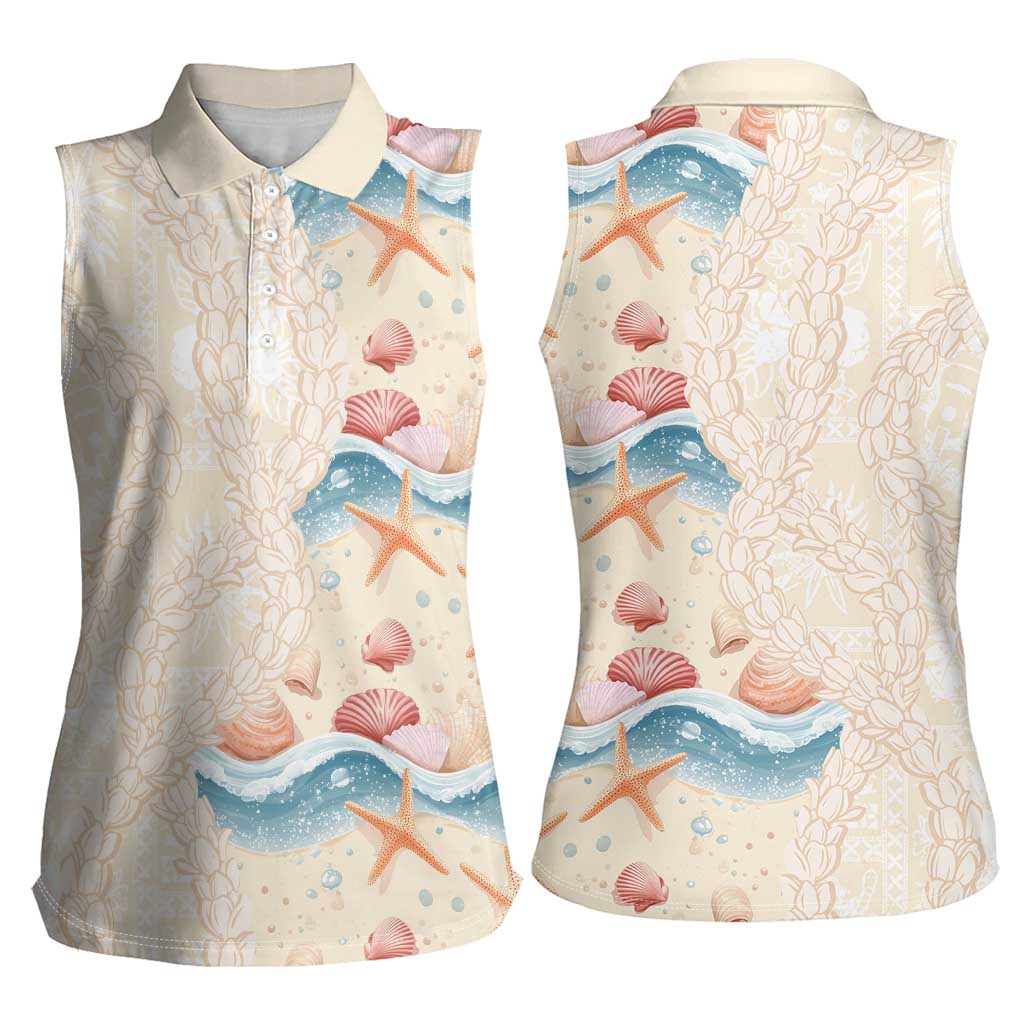 Beige Hawaii Lei Seashells Starfish Women Sleeveless Polo Shirt Sandy Sylized LT01 - Polynesian Pride