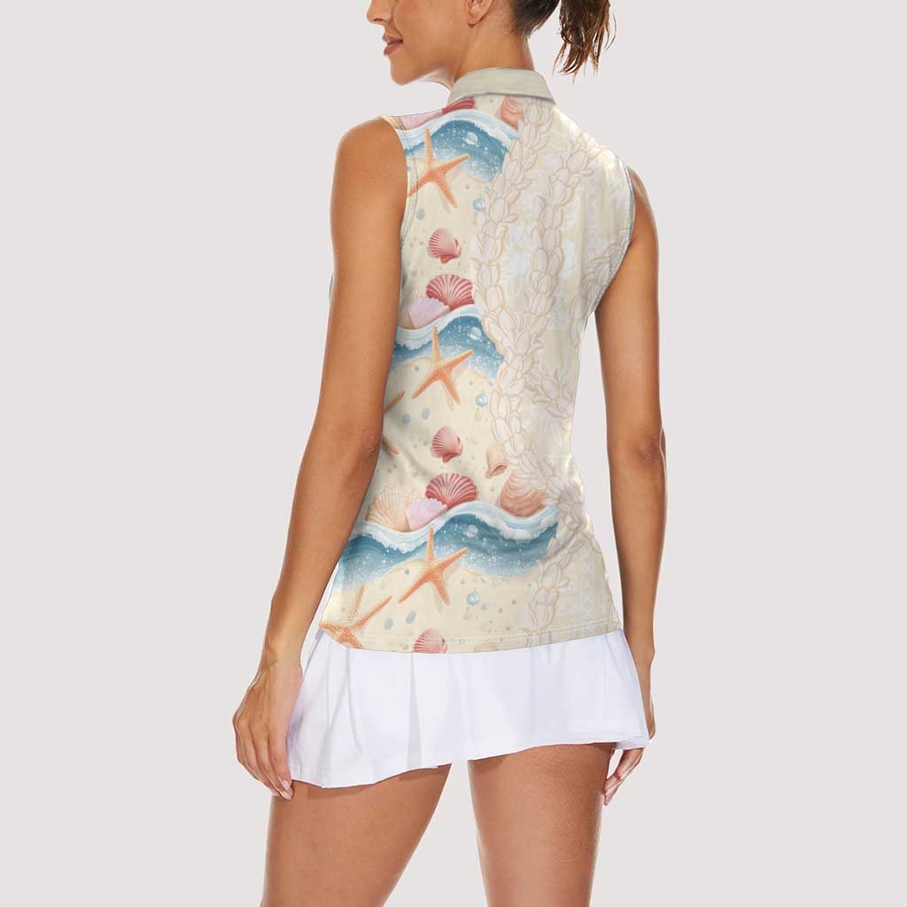 Beige Hawaii Lei Seashells Starfish Women Sleeveless Polo Shirt Sandy Sylized LT01 - Polynesian Pride