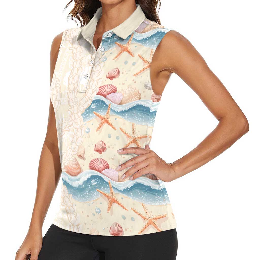 Beige Hawaii Lei Seashells Starfish Women Sleeveless Polo Shirt Sandy Sylized LT01 - Polynesian Pride