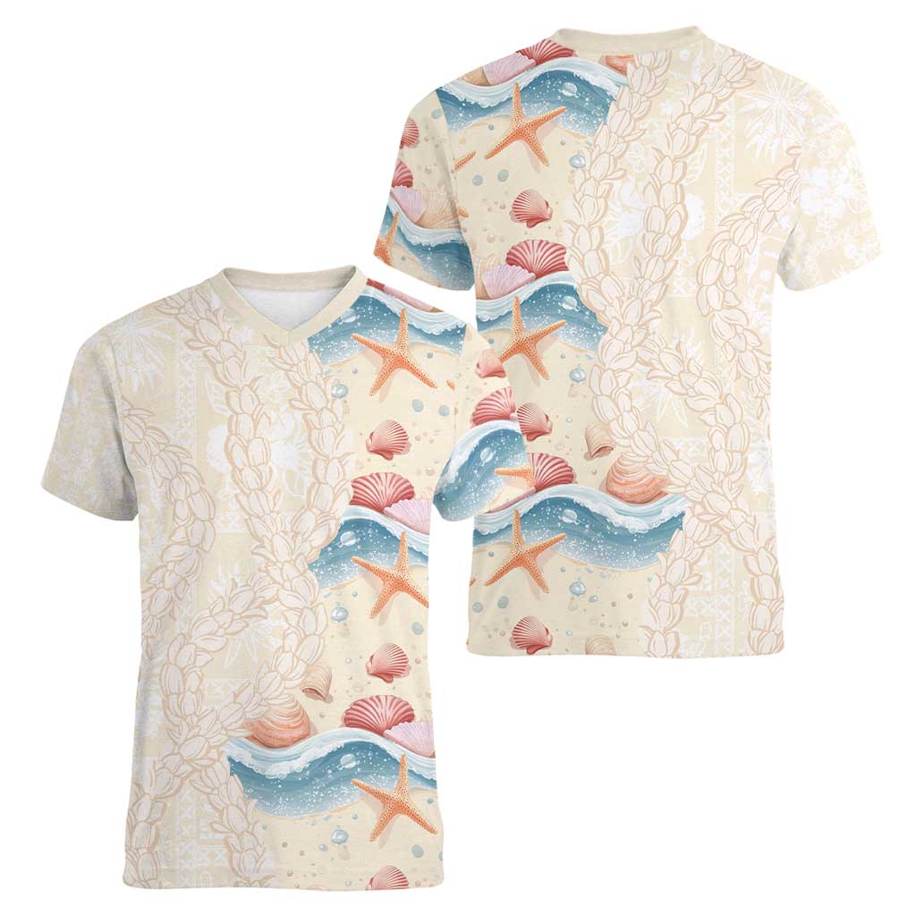 Beige Hawaii Lei Seashells Starfish Women V-Neck T-Shirt Sandy Sylized LT01 - Polynesian Pride