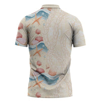 Beige Hawaii Lei Seashells Starfish Zipper Polo Shirt Sandy Sylized - Polynesian Pride