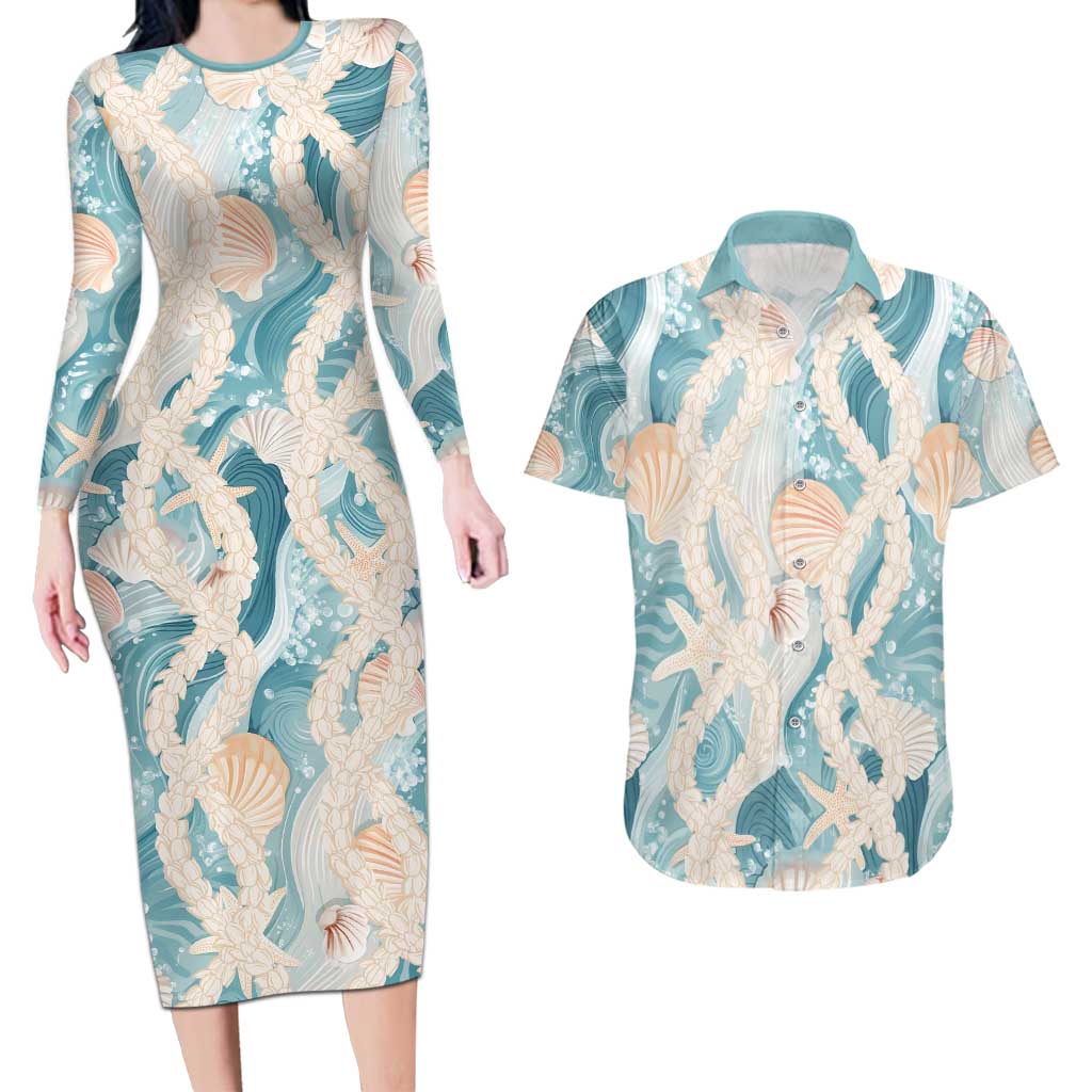Hawaii Lei Seashells Starfish Couples Matching Long Sleeve Bodycon Dress and Hawaiian Shirt Fresh Summer Vibe LT01 Blue - Polynesian Pride