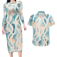 Hawaii Lei Seashells Starfish Couples Matching Long Sleeve Bodycon Dress and Hawaiian Shirt Fresh Summer Vibe LT01 Blue - Polynesian Pride