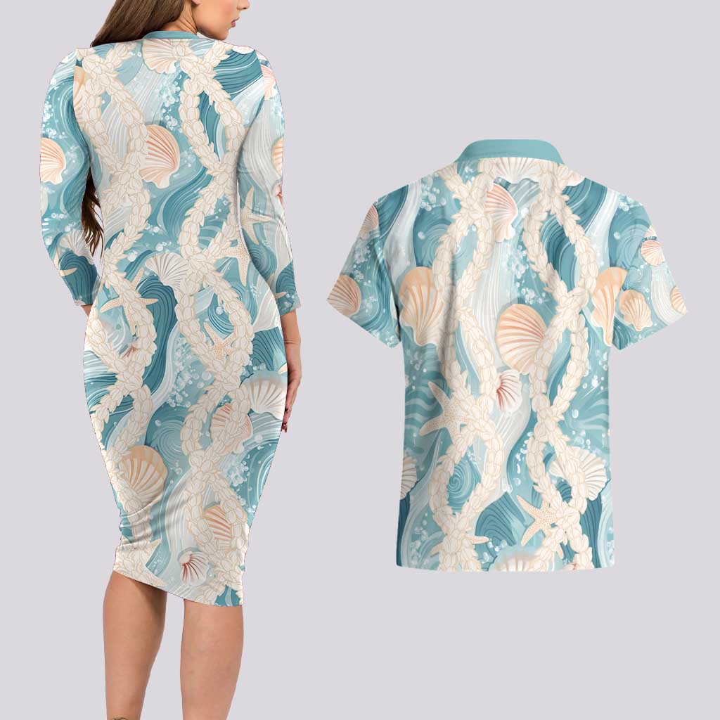 Hawaii Lei Seashells Starfish Couples Matching Long Sleeve Bodycon Dress and Hawaiian Shirt Fresh Summer Vibe LT01 - Polynesian Pride