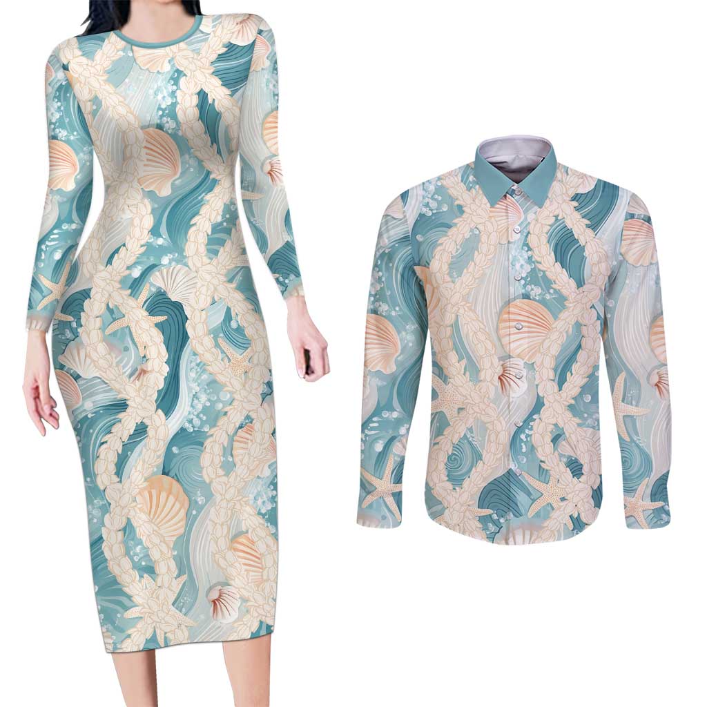 Hawaii Lei Seashells Starfish Couples Matching Long Sleeve Bodycon Dress and Long Sleeve Button Shirt Fresh Summer Vibe LT01 Blue - Polynesian Pride