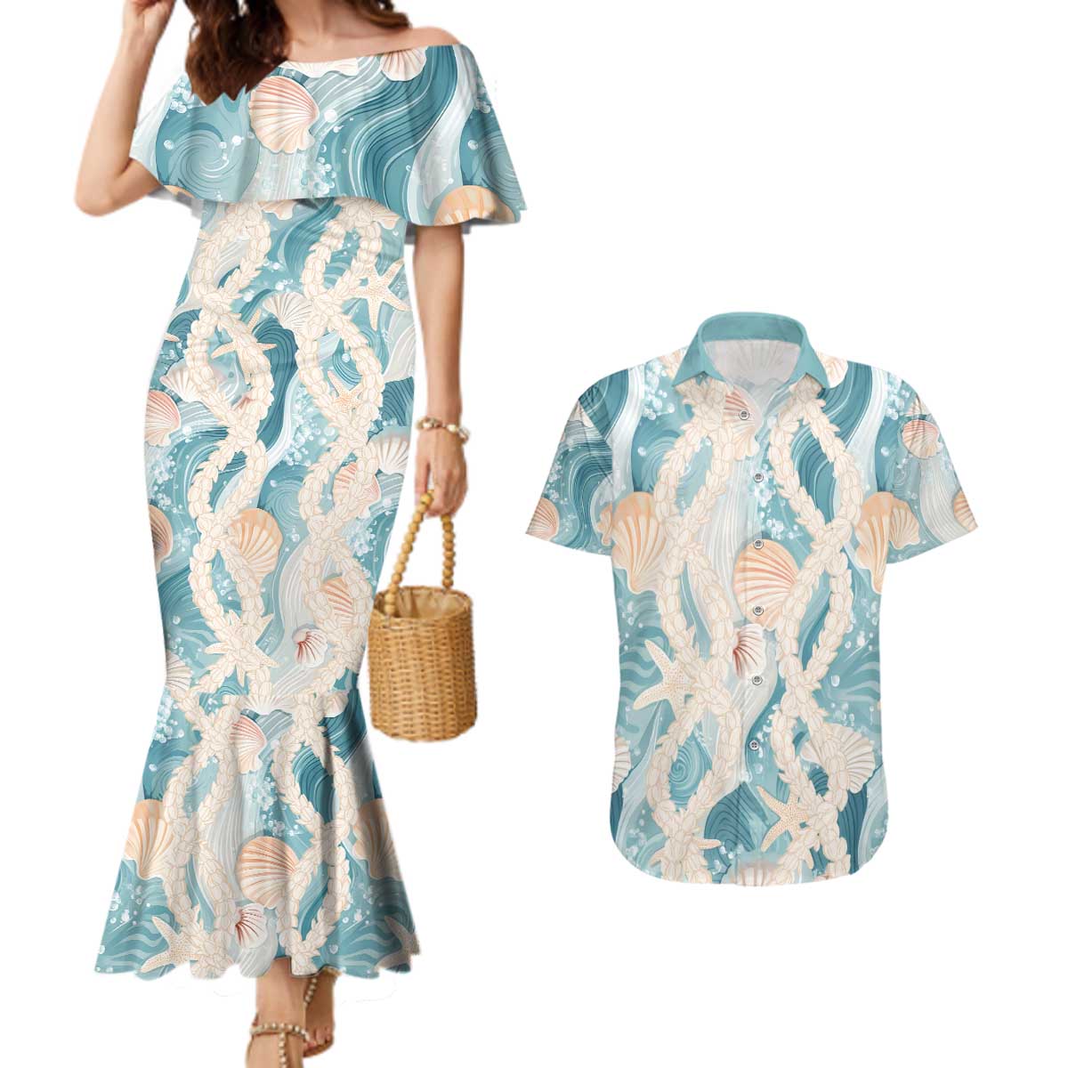 Hawaii Lei Seashells Starfish Couples Matching Mermaid Dress and Hawaiian Shirt Fresh Summer Vibe LT01 Blue - Polynesian Pride