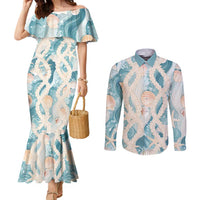 Hawaii Lei Seashells Starfish Couples Matching Mermaid Dress and Long Sleeve Button Shirt Fresh Summer Vibe LT01 Blue - Polynesian Pride