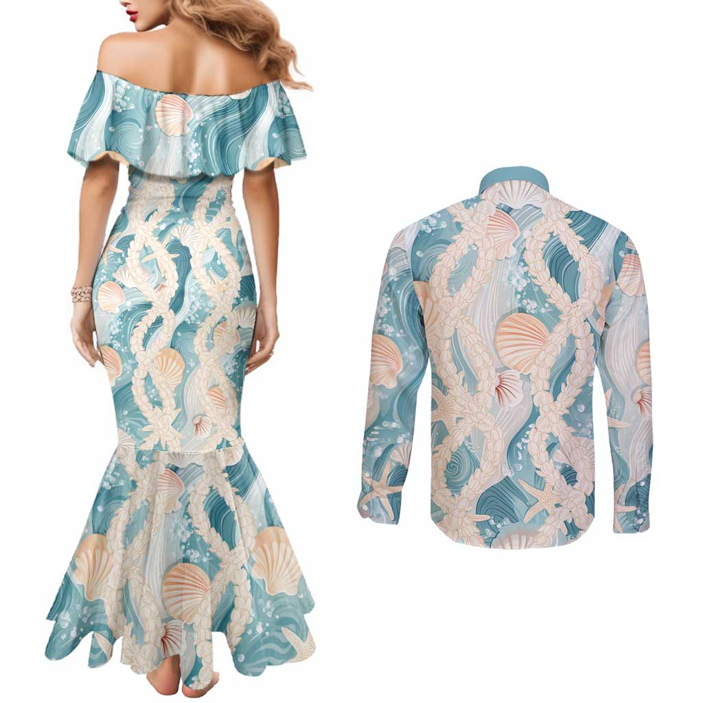 Hawaii Lei Seashells Starfish Couples Matching Mermaid Dress and Long Sleeve Button Shirt Fresh Summer Vibe LT01 - Polynesian Pride